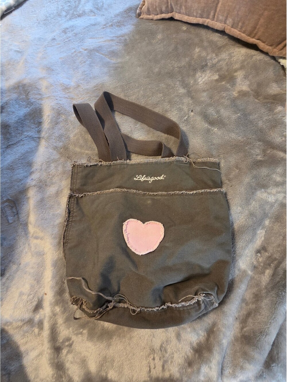 Life is good  grey Canvas Tote Bag with Pink Heart Patch